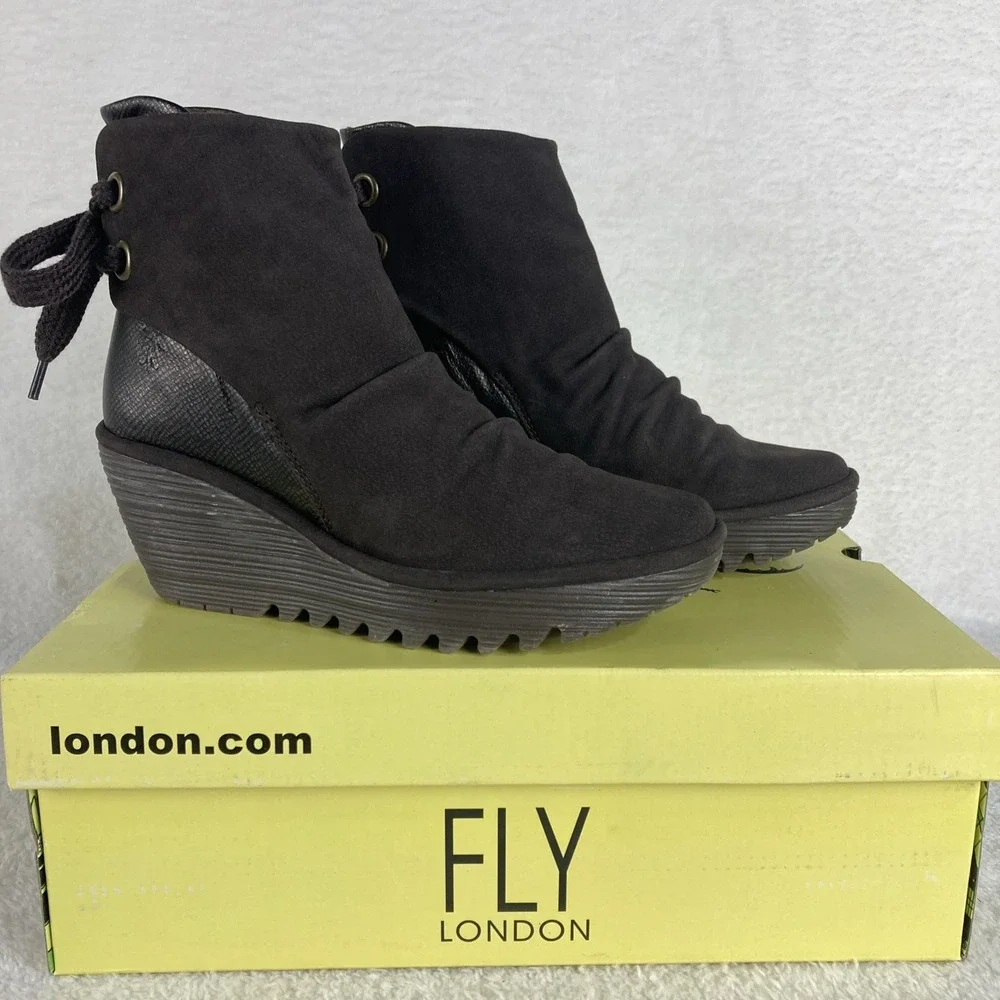 Fly London Yama Women's Suede Wedge Ankle Boots EU 37 US‎ 6.5-7  Gray Boho